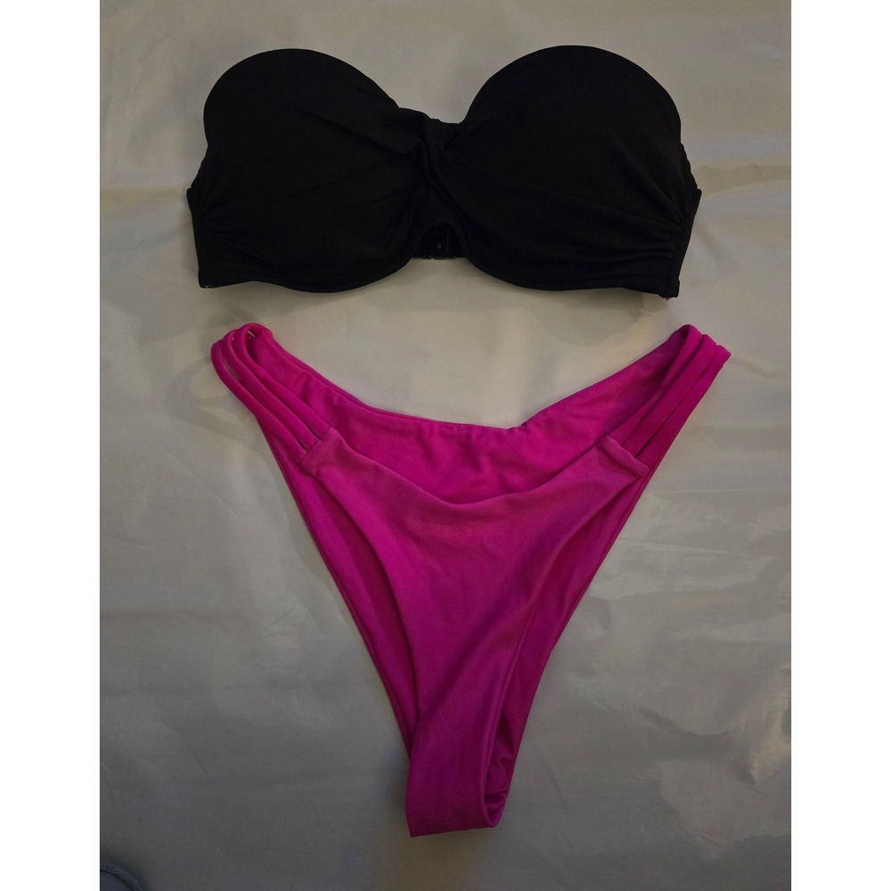 Sea Level Australia Bandeau Bikini Set Black Twist Top Pink Strappy Bottoms US 4